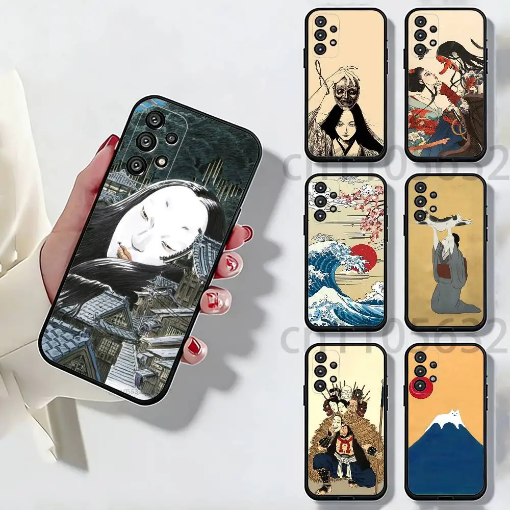 Japan Style Ukiyo-e New Phone Case For Samsung S25,24,21,22,23,S30,Ultra,S20,Plus,Fe,Lite,Note,S10,S9,Black Soft Shell