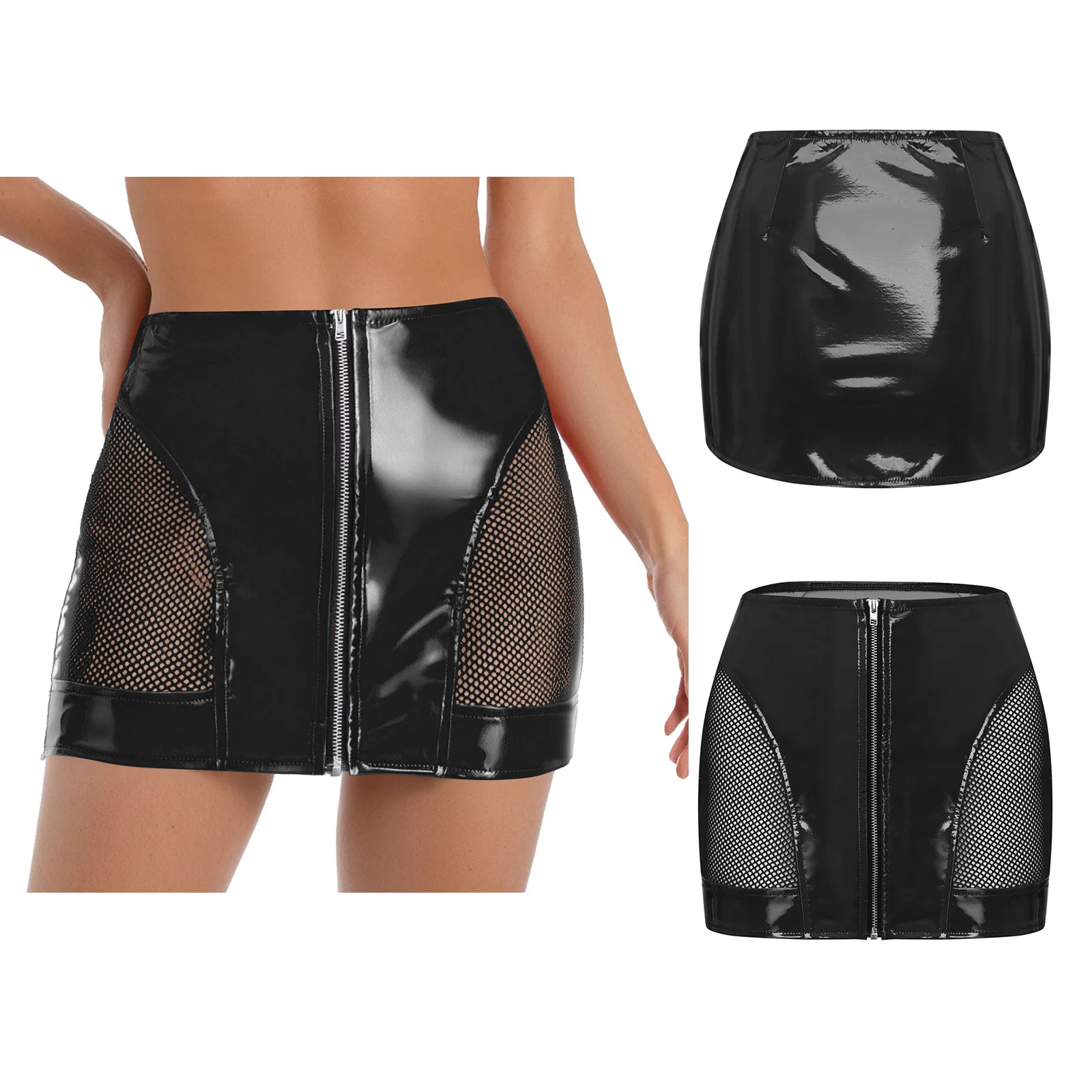 Rok Mini Tampilan Basah Seksi Wanita Bodycon Pinggang Tinggi Kulit PU Sisipan Samping Jaring Tipis Pakaian Karnaval Pesta Mengkilap Ritsleting Depan