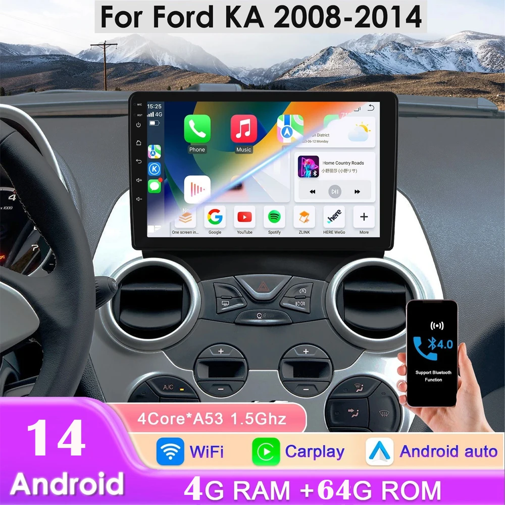 Neues 9-Zoll-Doppel-DIN-Autoradio mit 4 GB + 64 GB Speicher, Android 14, Touchscreen, Multimedia-Videoplayer für Ford Ka 2008-2014, kabelloses Carplay & Android Auto, GPS-Navigation, FM, RDS, DSP,
