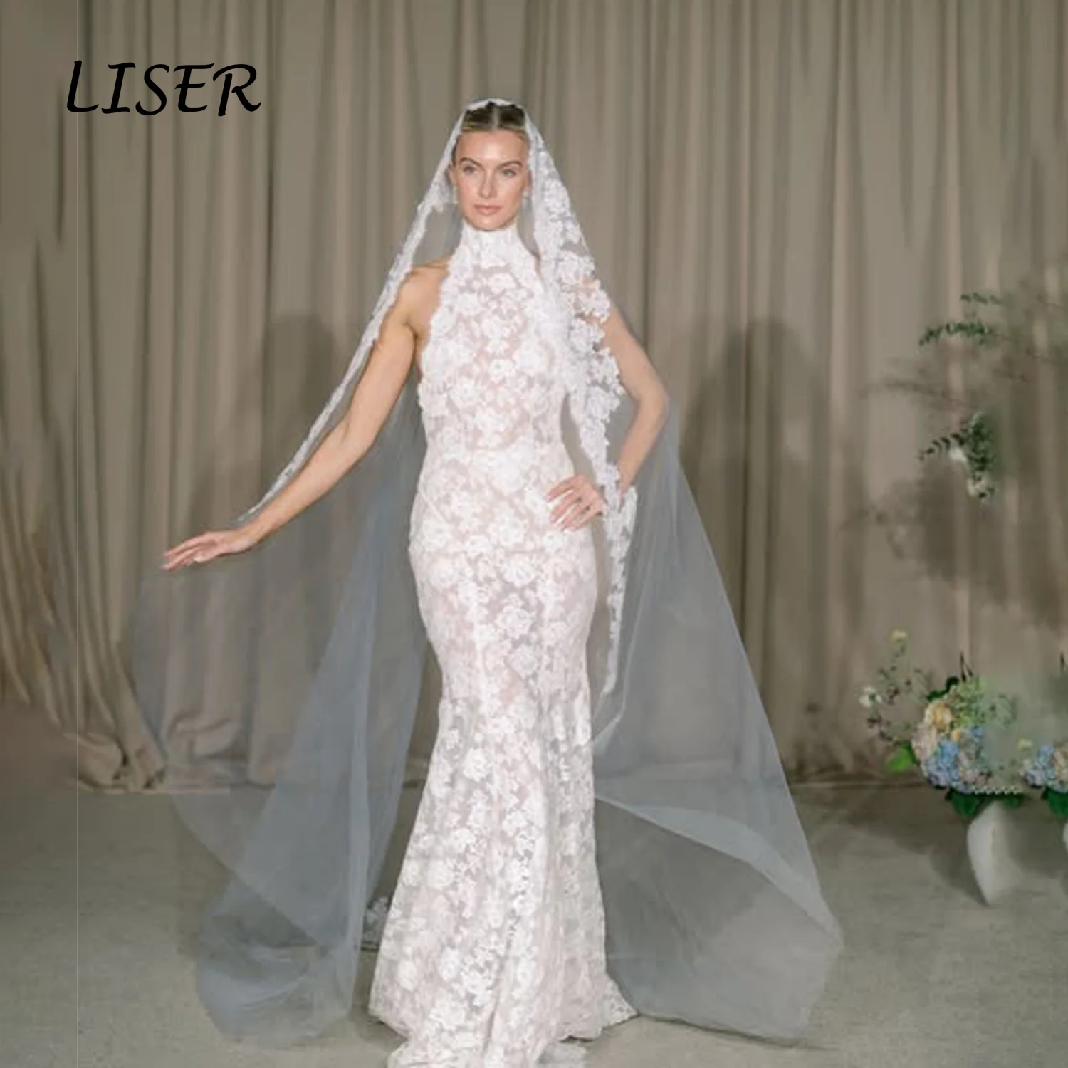 Liser Customize Halter Neck Wedding Dress Sleeveless Ivory Lace Mermaid Sexy Backless Zipper Bridal Gowns vestido de novia New