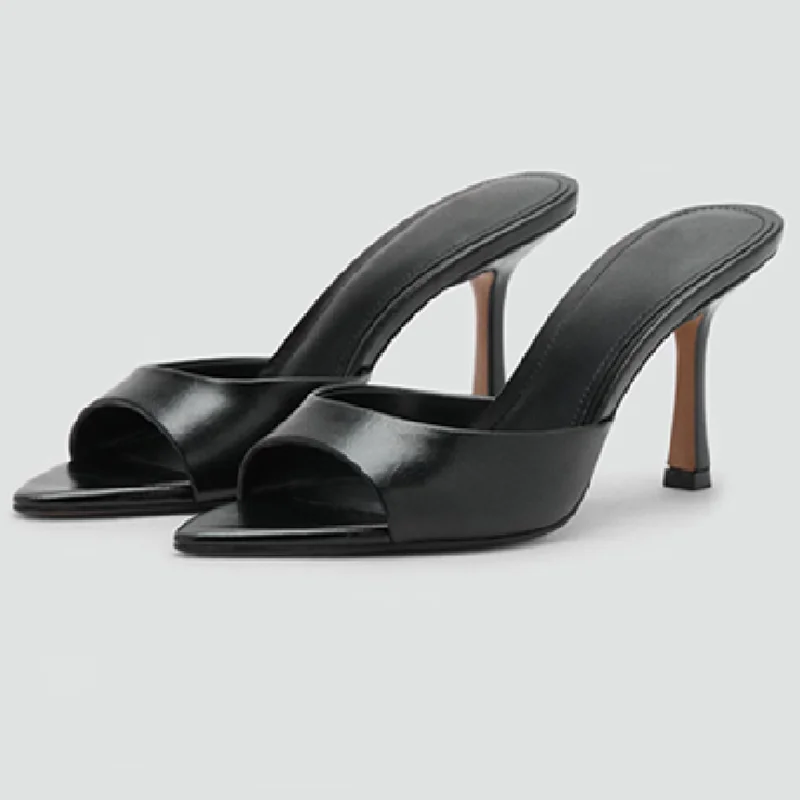 2026 Summer Sexy Pointed Toe Heeled Slippers for Women Black Soft Leather Designer Slide Sandals Comfortable Non-Slip Flip Flops
