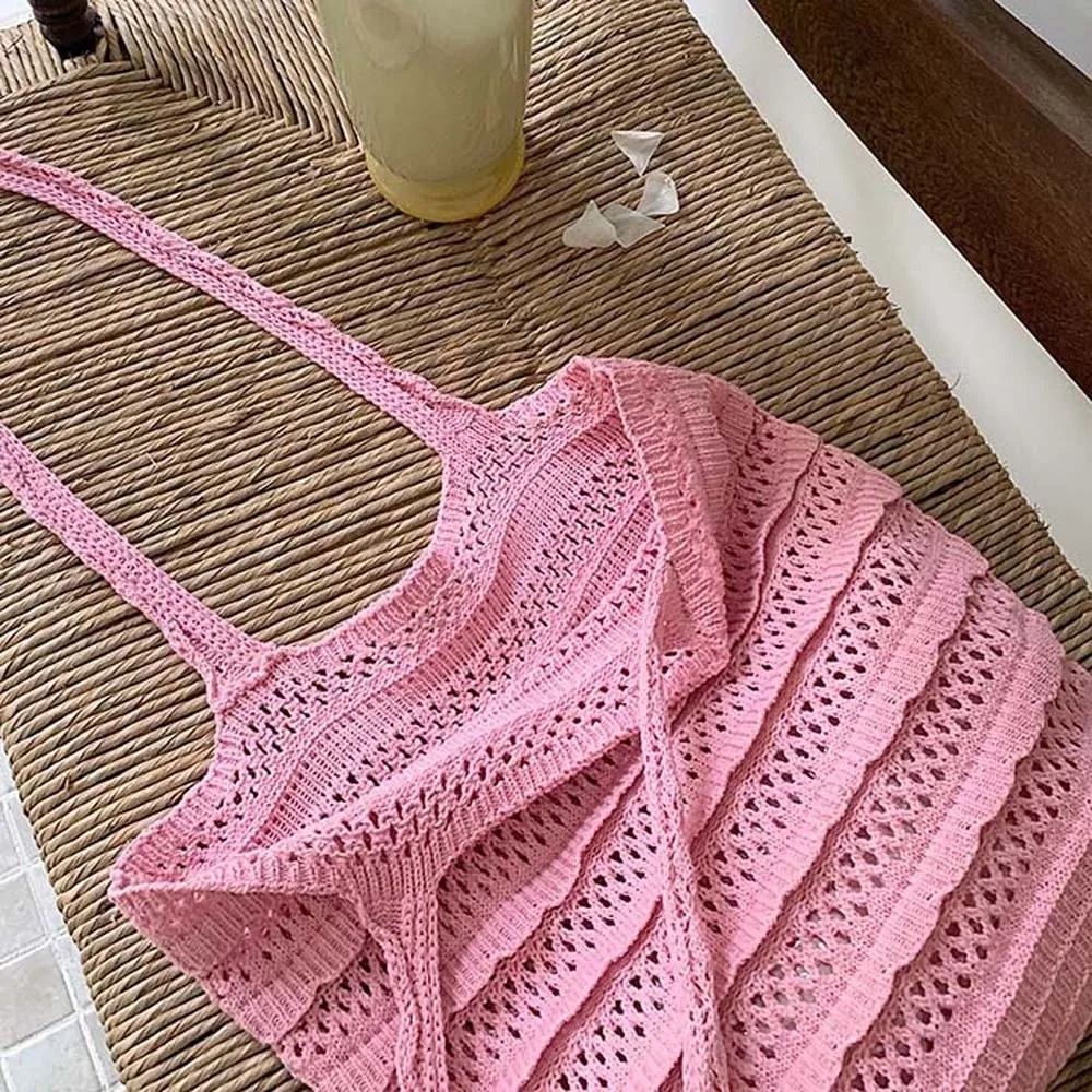 Sweet Knitted Tote Bag Large Capacity Breathable Crochet Shoulder Bag Polyester Solid Color Seaside Vacation Handbag Beach