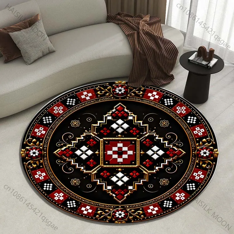 Intricate Geometric Symmetrical Decor Design Printed round carpet living room sofa table large pet mat soft round carpet