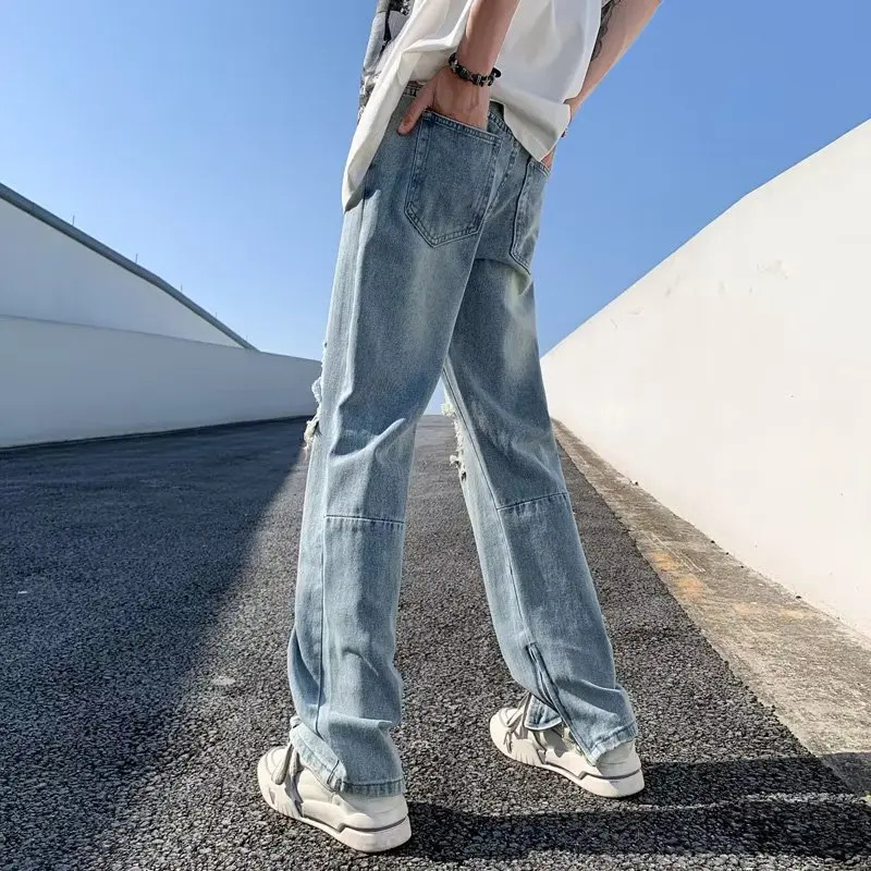 Early autumn American high street slight bell-bottom pants men color contrast slim jeans