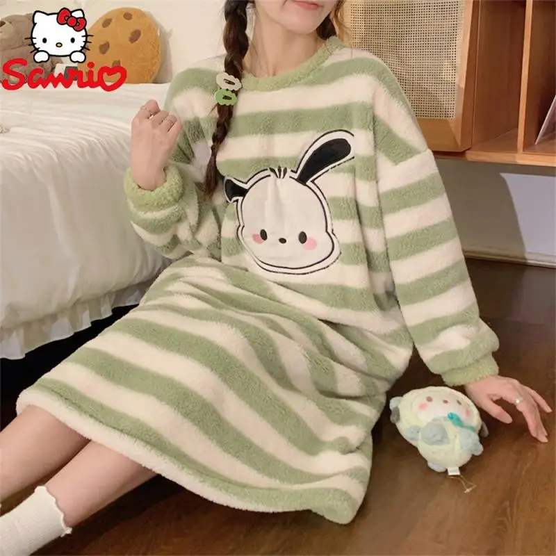 Kawaii Pochacco Women Coral Velvet Nightgown Home Clothes Autumn Winter Girl Cartoon Plush Thickened Warm Loose Homewear Pajamas