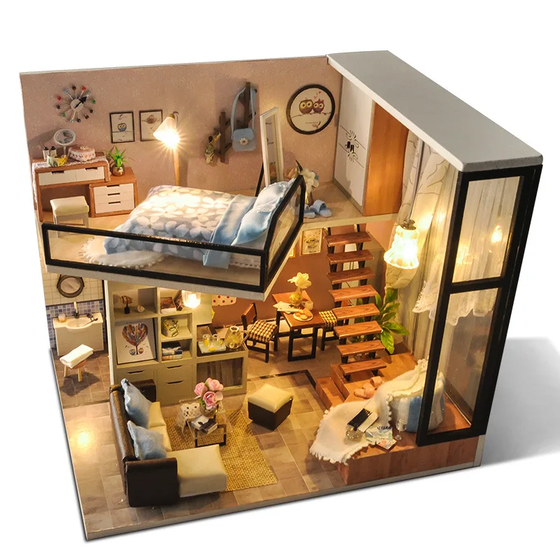 Miniatura Dollhouse com Móveis Luzes, Music Block, Splicing Assemble, Kit Casa De Madeira, Decoração DIY, Festival Toy, Kid Presente