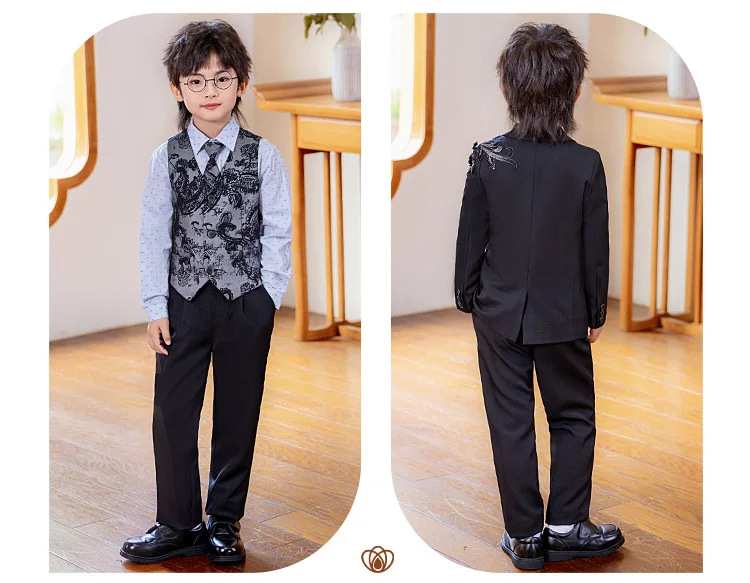 Kinderanzug, Jungen-Gastgeber-Outfit, Klavier-Bühnenkostüm, Blumenjungen-Geburtstagsfeier Pailletten-Blazer A5049 – Detail 6
