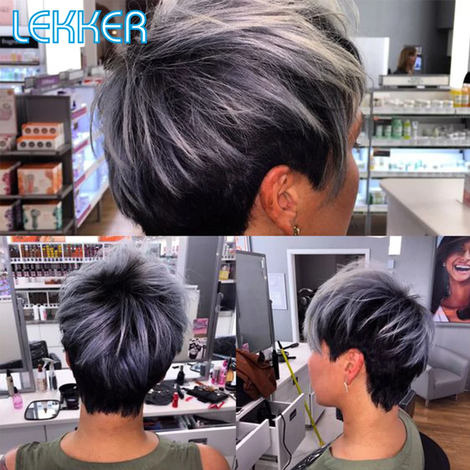 Lekker Sliver Grey Short Pixie Cut Straight Human Hair Wig For Women Brazilian Remy Hair Cheap Glueless Colored Machine Made Wig