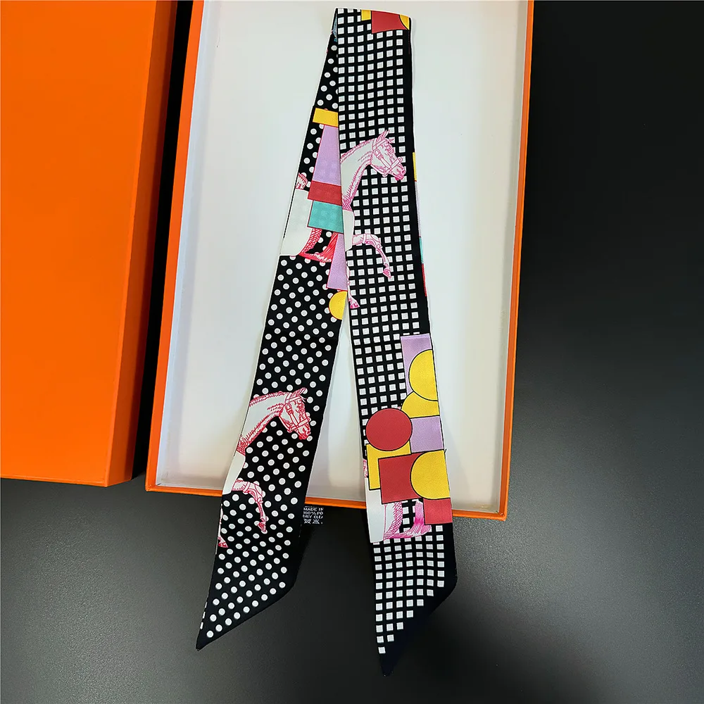 French Autumn New Polka Dot Plaid War Horse Women Twill Silk Streamer Wrapping Bag Ribbon Silk Scarf Small Scarf