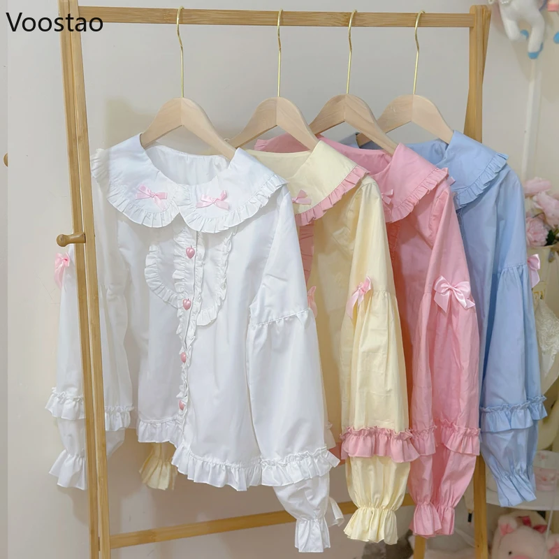 Japanese Sweet Lolita Style Shirts Women Kawaii Bunny Ear Peter Pan Collar Bow Blouses Girls Casual Y2k White Long Sleeves Tops