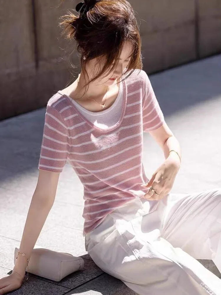 Faionable مخطط اللون Blo ort Sve محبوك أعلى المرأة فرقة نظرة الصيف لباس غير رسمي Sli الكورية Sle سليم صالح #3