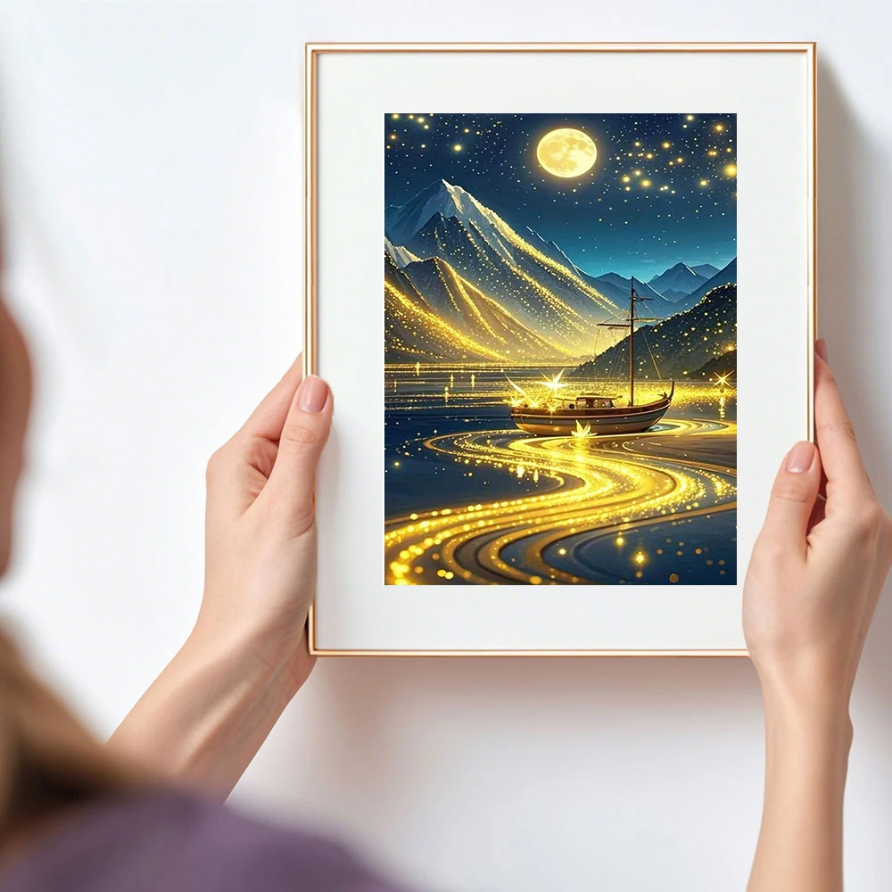 

Алмазная мозаика: Книга-раскраска «Лодка на луне и река», пейзаж, полный комплект, изображение из страз, без рамки