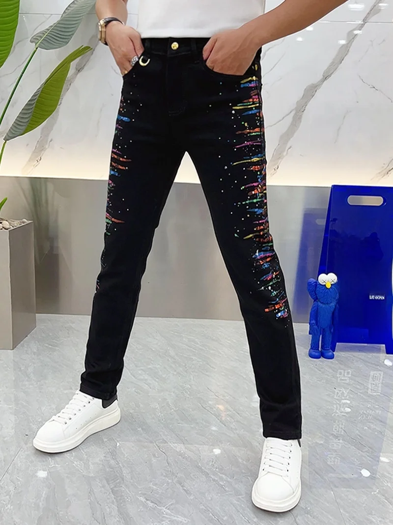 

Bla Printed Slim Fit Elastic Casual Jeans Men's Faion Autumn Small Foot Pants Station Tide Brand Youth Trend Water Wa