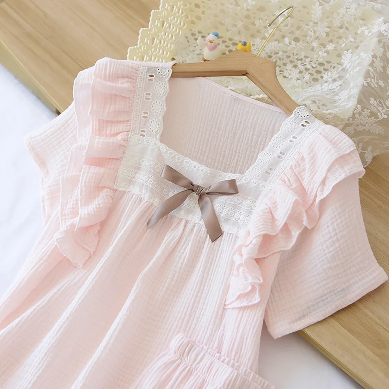 Japanese summer new short-sleeved shorts ladies pajamas set 100% cotton crepe solid color fresh home clothes two-piece set