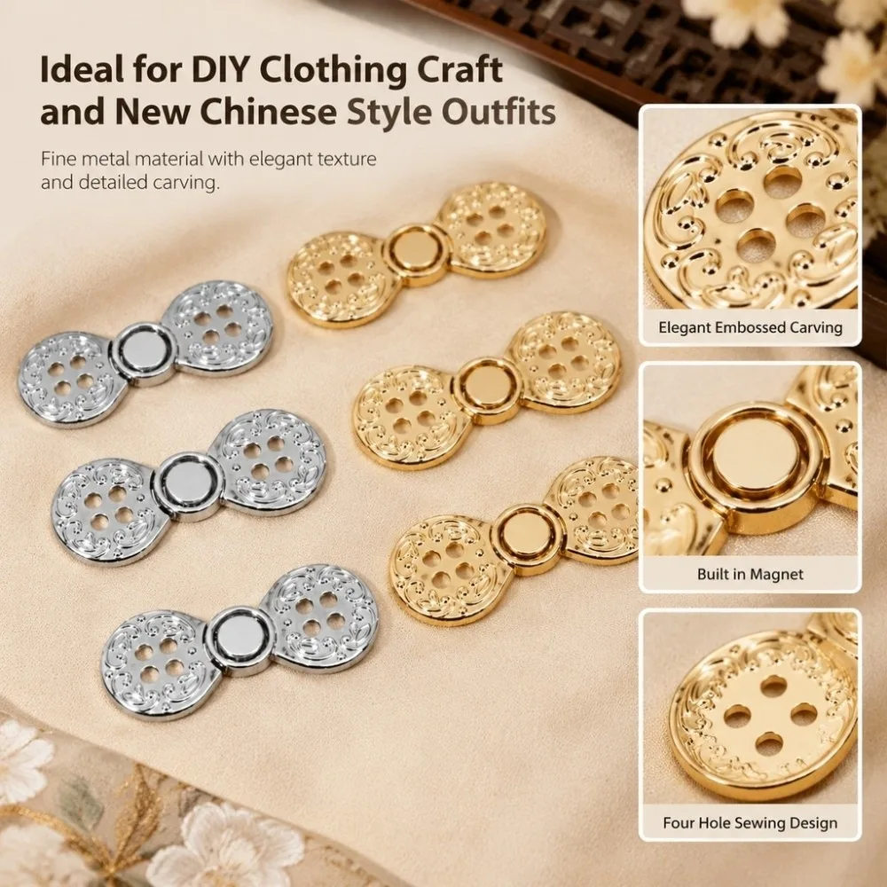 Four Hole Metal Frog Fastener Carved Pattern Dual Piece Structure Clothing Snap Buckle Metal Garment Decor Button For Qipao