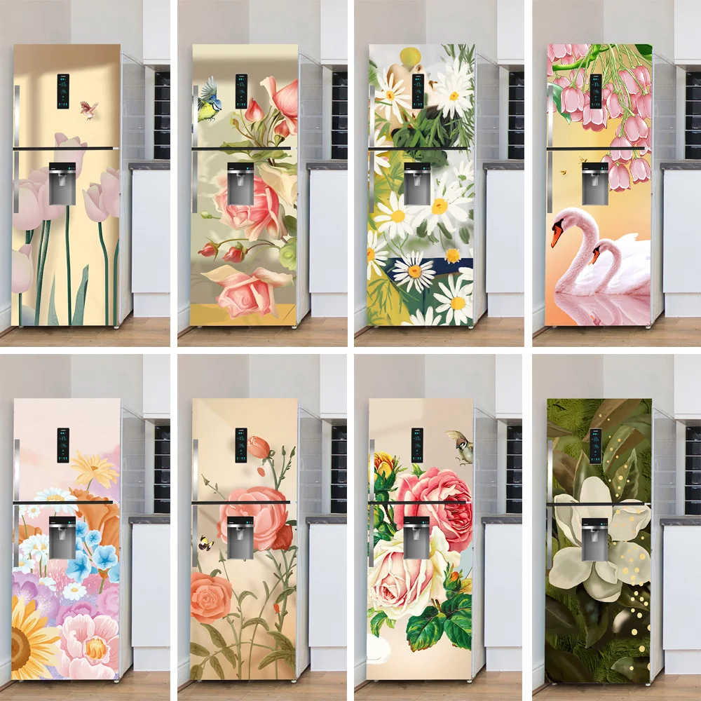 

Custom Floral Door Wallpaper Refrigerator Cabinet Mural PVC Waterproof Sticker Oil Painting Printing Refrigerator Door Sticker