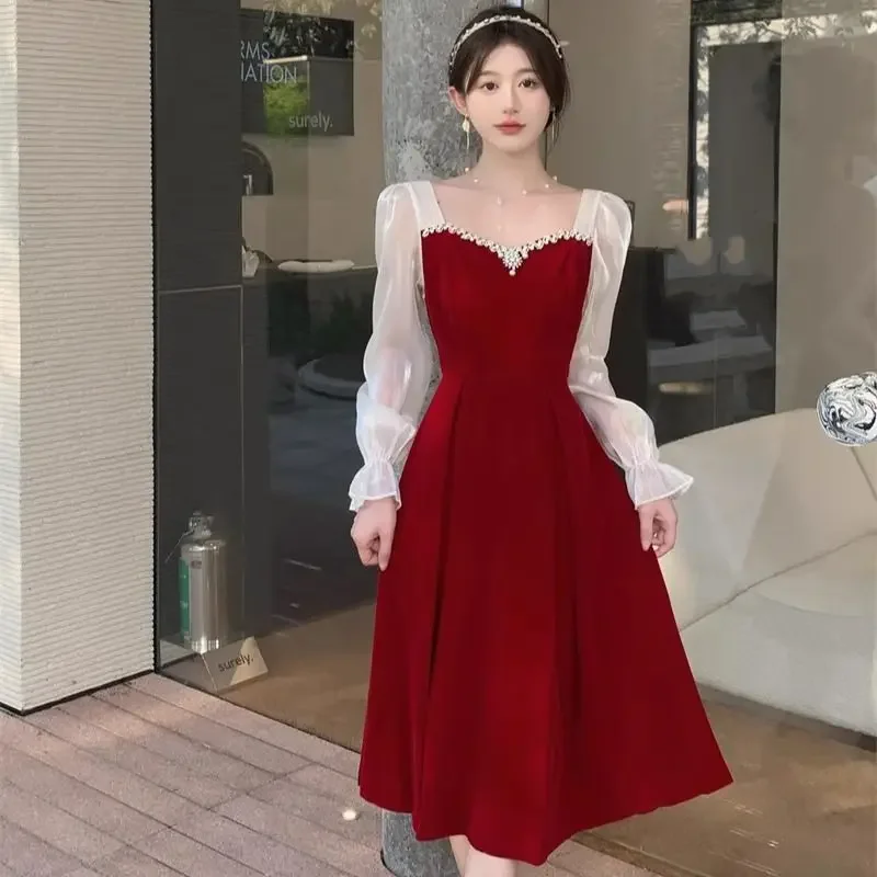 Toast Bridal Wine Red Winter Wedding Dresses for Women Autumn/Winter Luxury  Spliced Waist Slimming A-line Long Evening Dress - AliExpress 200000345