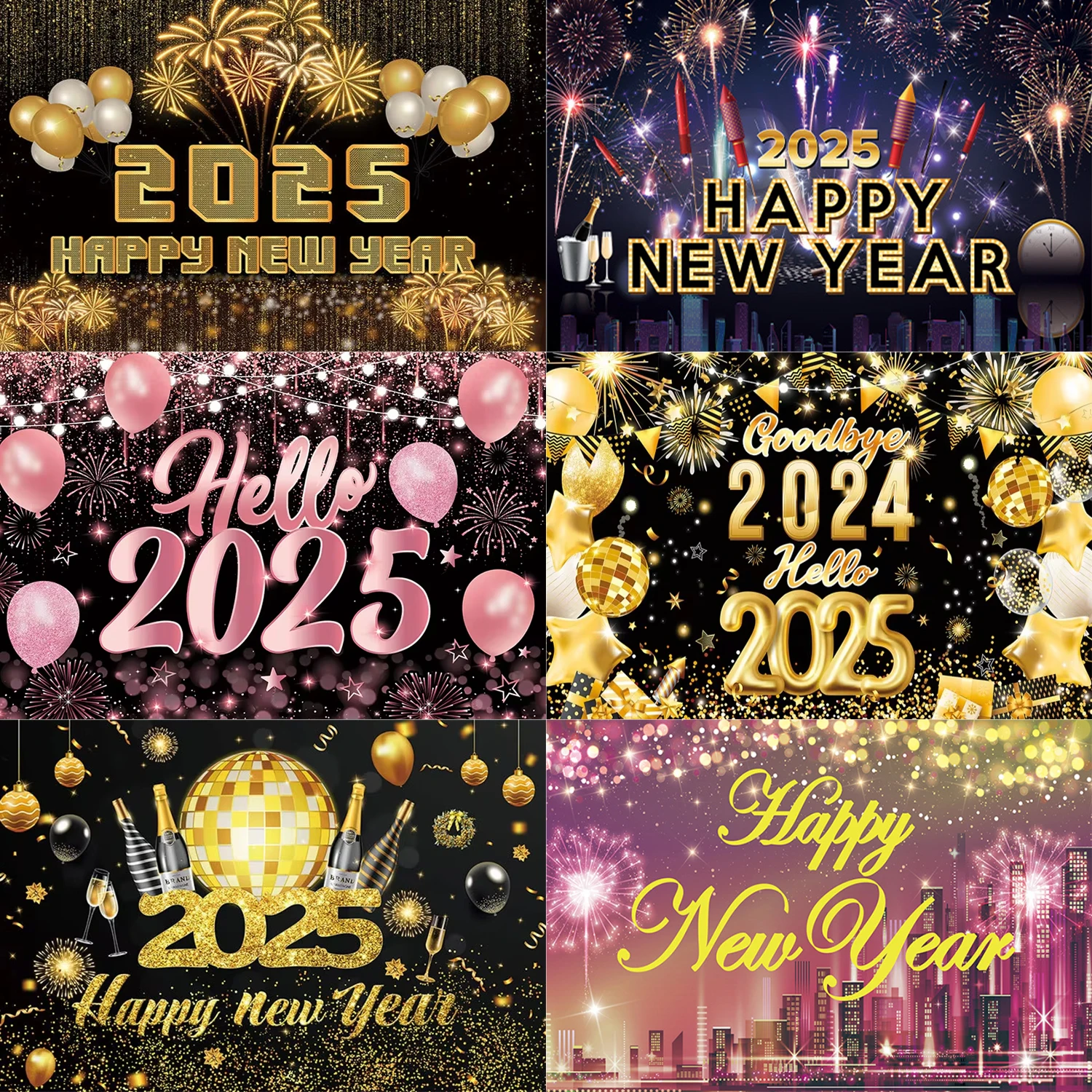 2025 Happy New Year Theme Photography Background Celebration Banners Fireworks Balloons Wine Glasses Party Decoration Prop Gift