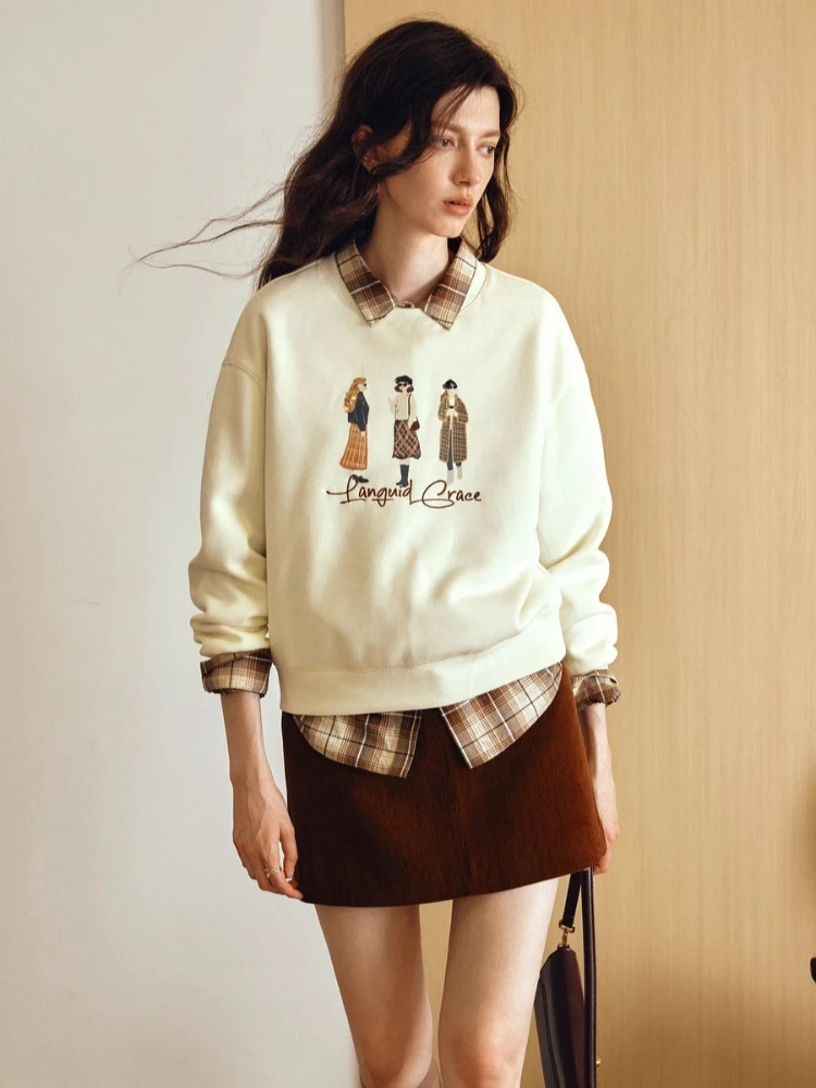 OLrain Women's Sweatshirts 2025 Autumn New Collection Casual O-neck Loose Pullovers Embroidery Long Sleeve Knit Tops O57QR001065