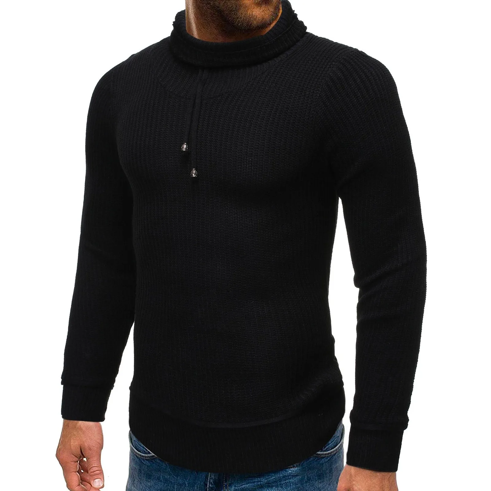 

High Neck Sweater Mens Long Sleeve Slim Pullover Black Knittwear Slim Large Size Winter Solid Color Stretch Knitted Bottoming