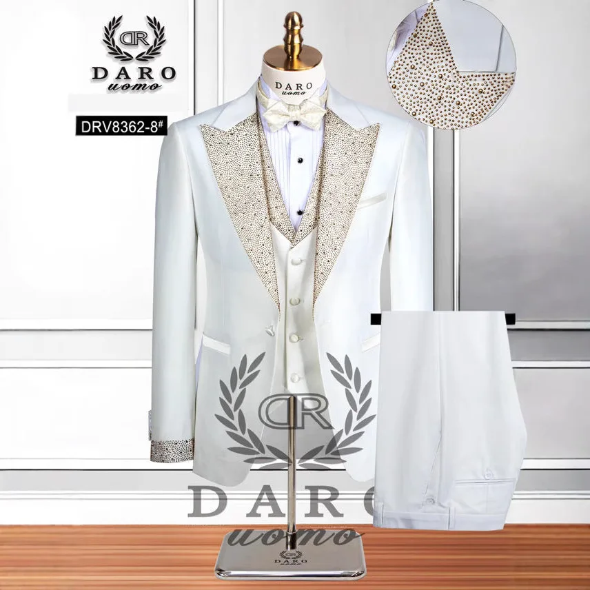 Brand Men's Suit Rhinestone Collar Host's Suits 3 Piece Set (Blazer+vest+Trouser) Wedding Office Party Prom Formal Dress Suit