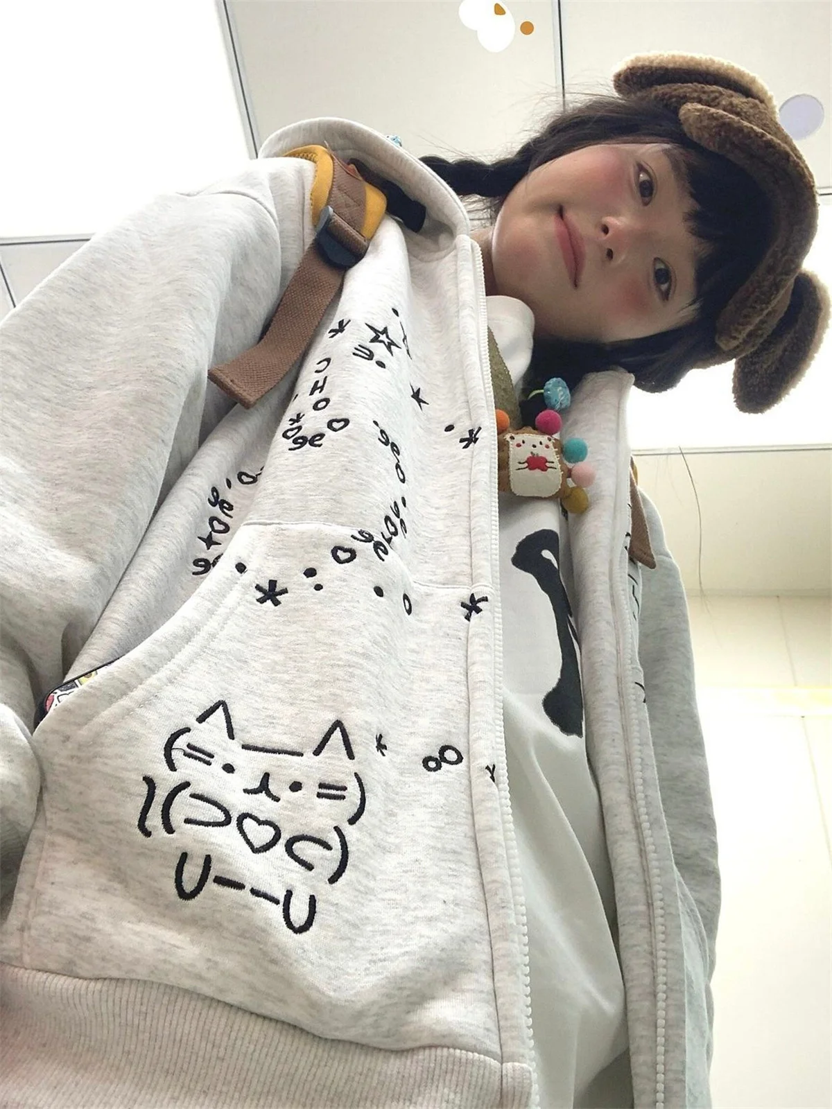 Y2k Japanese Style Hooded Coats Cute Cartoon Print Cardigan Sweatshirt for Women Autumn and Winter Loose Jacket for Women Girls