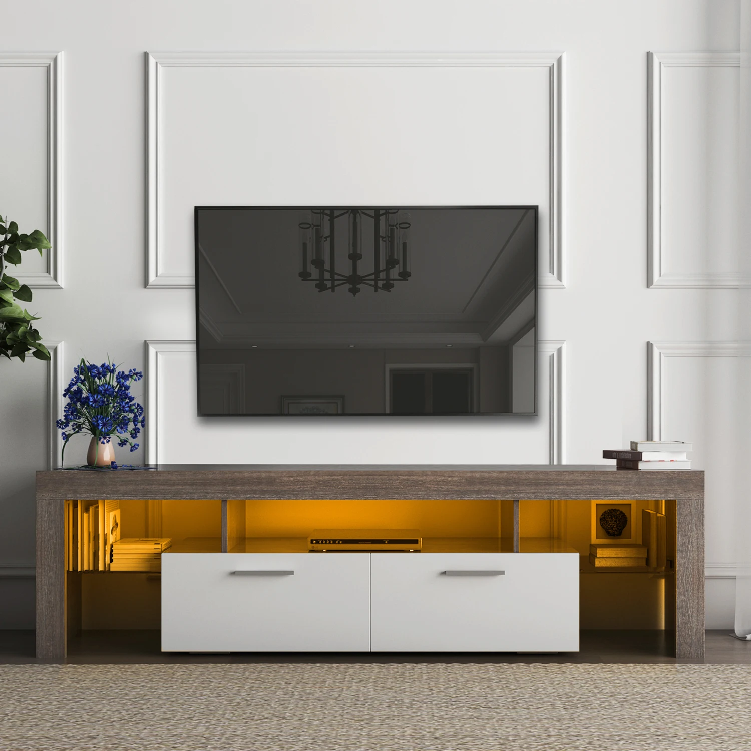 20 minutes quick assembly brown simple modern TV stand with the toughened glass shelf Floor cabinet Floor TV wall cabinet Brown