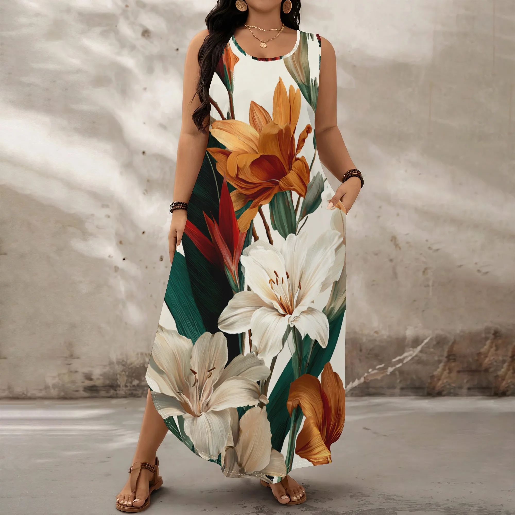 

Floral Print Sleeveless Maxi Dress, Plus Size XL-6XL – Casual Summer Dress with Pockets