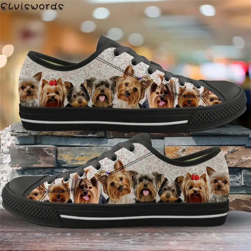 ELVISWORDS Hot Sale Canvas Low Top Shoes Cute Selfie Yorkshire Terrier Print 3D Comfort Vulcanized Shoes for Girls Casual Flats