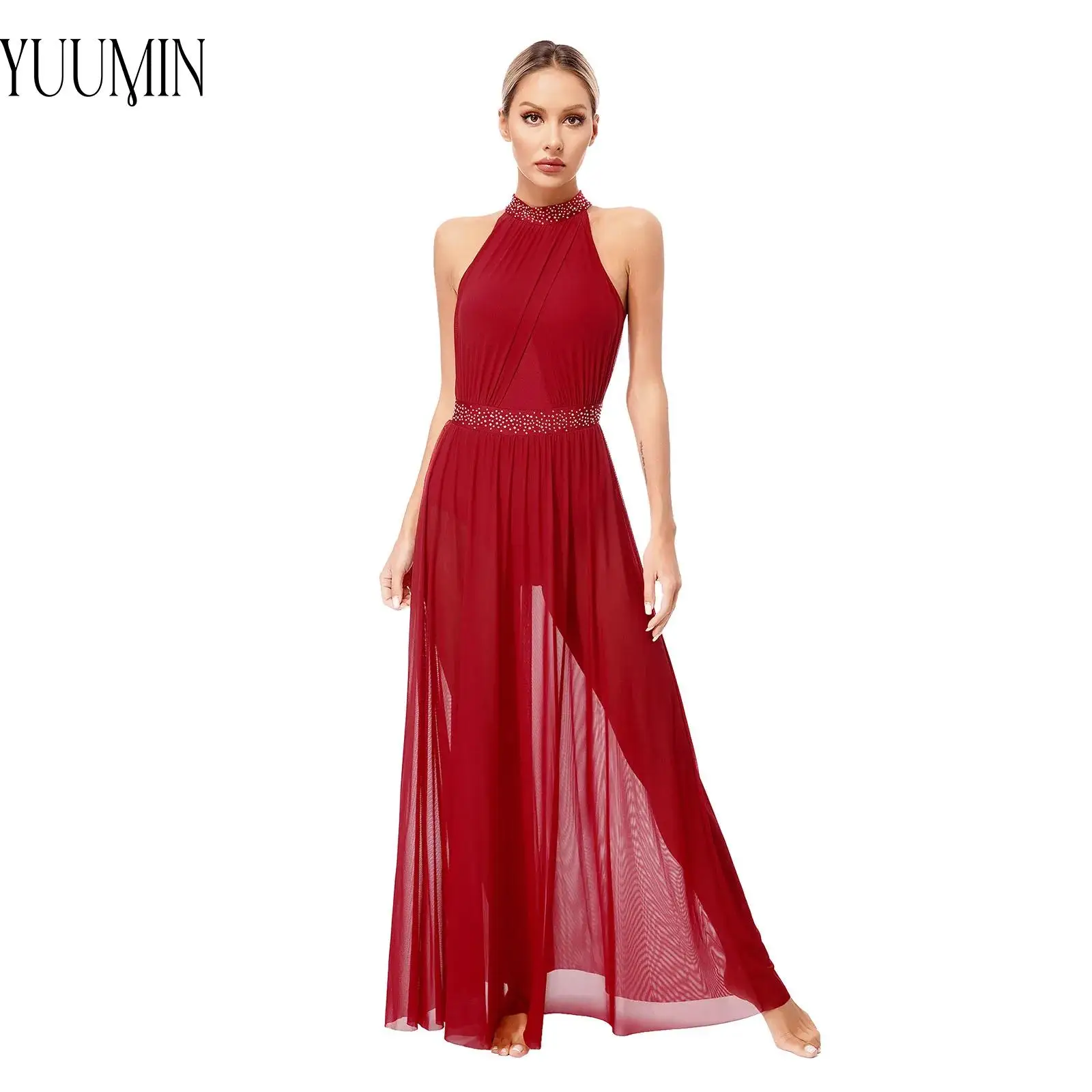 Neues lyrisches modernes Tanz-Performance-Kostüm für Damen, ärmellos, glänzend, seitlich geteilt, Netzstoff, Maxikleid, Abschlussball, Party, Wettbewerb, Tanzbekleidung