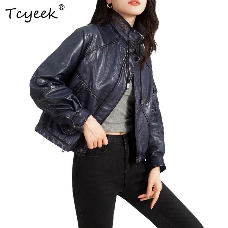 

Tcyeek Real Leather Jacket Women Autumn Clothes Oil Wax Sheepskin Womens Coats Stand Collar Loose Fit 2026 New Casaco Feminino
