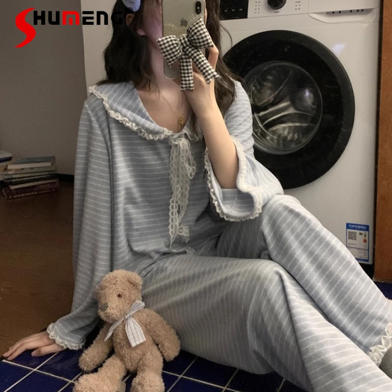 سميكة الأزرق مخطط منامة للنساء الخريف الشتاء جديد الدافئة الصوف النوم الدعاوى الإناث الراقية الصوف Homewear مجموعة