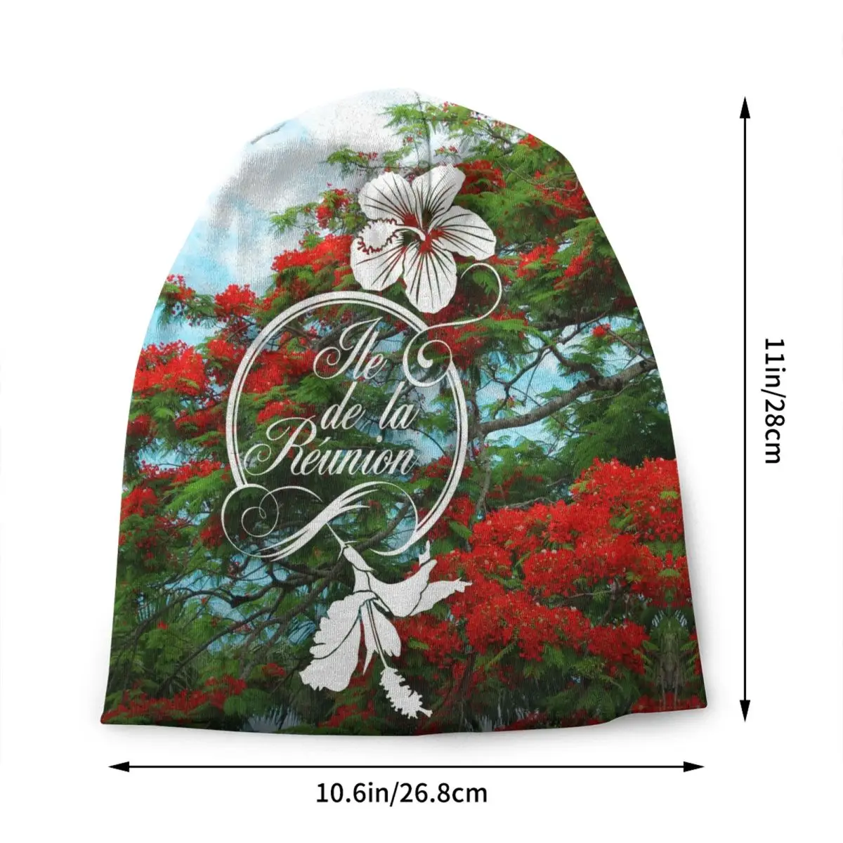 Custom 974 Reunion Island Flamboyant Hibiscus Skullies Beanies Caps Unisex  Winter Knit Hat Adult Flowers Pattern Bonnet Hats