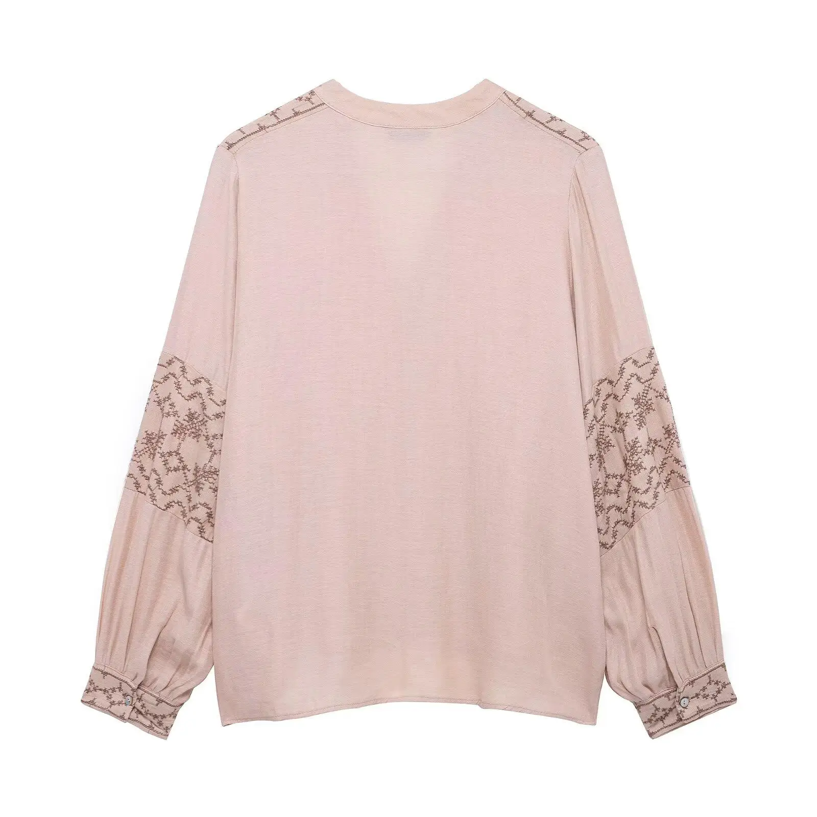 

ZBZA Spring New Women's Faion Design Embroidered irt Casual Loose Fit Long Sve V-Ne Pure Color Polyester Fiber