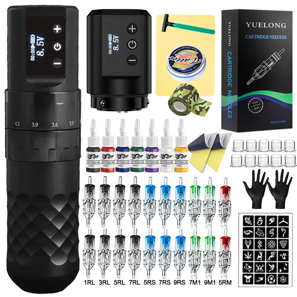 Wireless Tattoo Pen Machine Kit Adjustable 7 Strokes Rotary Cartridge Tattoo Machine Gun with 1800mAh Battery Ink Needles Set