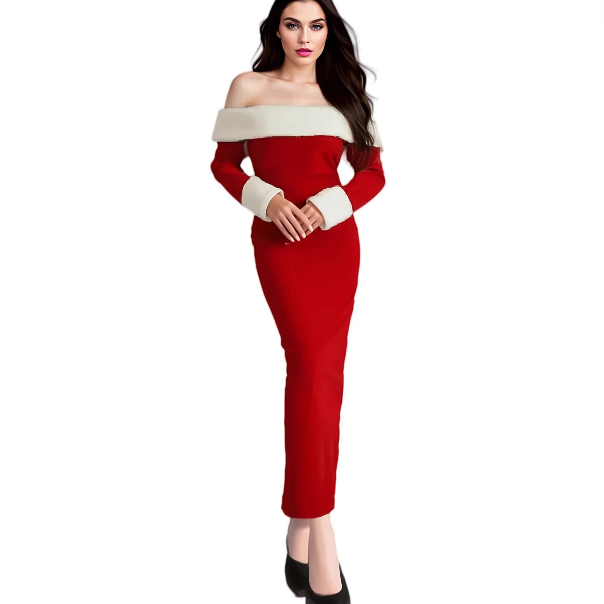 Women's Off Shoulder Fur Slim Fit Christmas Long Dress, Female Clothes Long and elegant Christmas dress