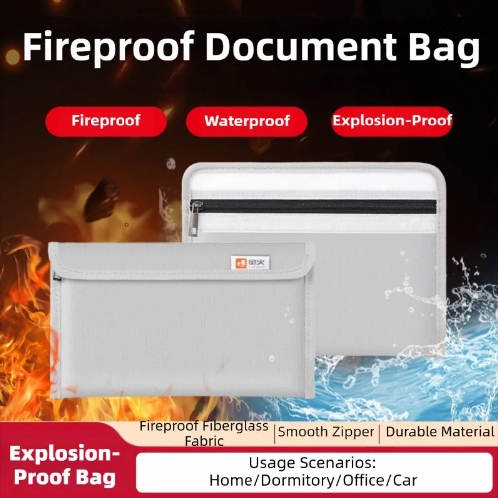 Waterproof Fireproof Document Bag Zipper Closure Portable Safety Cash Storage Pouch Moisture-proof Heat-resistant