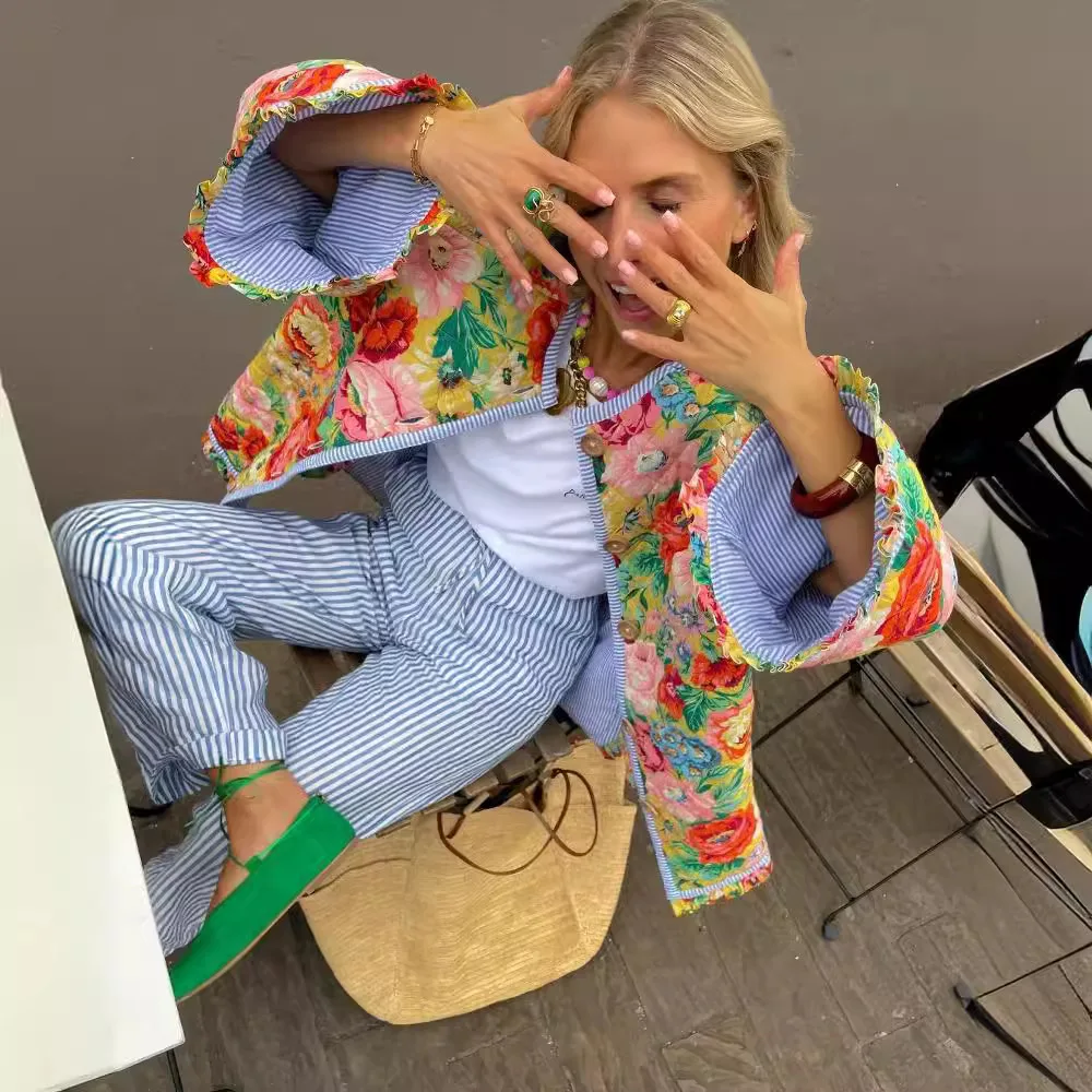 가을 신상품 여성 패션 다용도 라운드 넥 스트라이프 스플라이스 프린트 레트로 퀼팅 코튼 코트