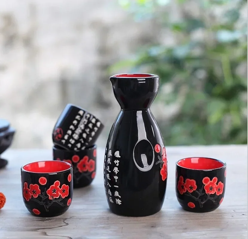 

5pcs/set Ceramic Sake Pot Cups Set Flagon Liquor Cup Spirits Cups Set Japanese Bar Wine Set Flower Text Pattern Creative Gifts