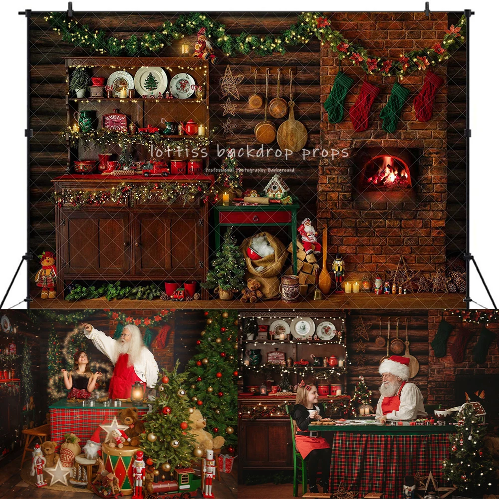 Christmas Kitchen Cupboard Backdrops Kids Family Photography Props Child Adult Photocall Decors Santa Work Station Backgrounds