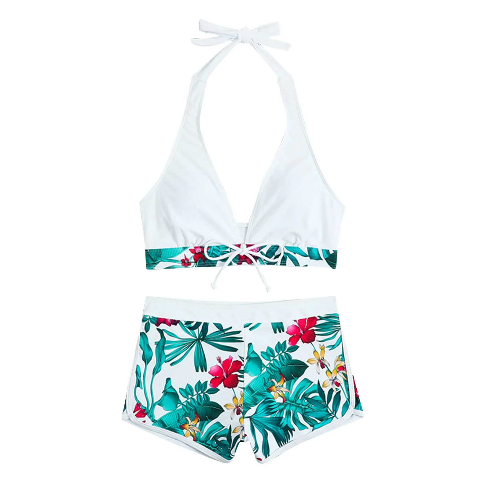 Tropical Print Bikinis Women Two Piece Swimsuit Ladies Shorts Halter Two Piece Swimwears Tankinis Set Summer Beach Wear Swimming