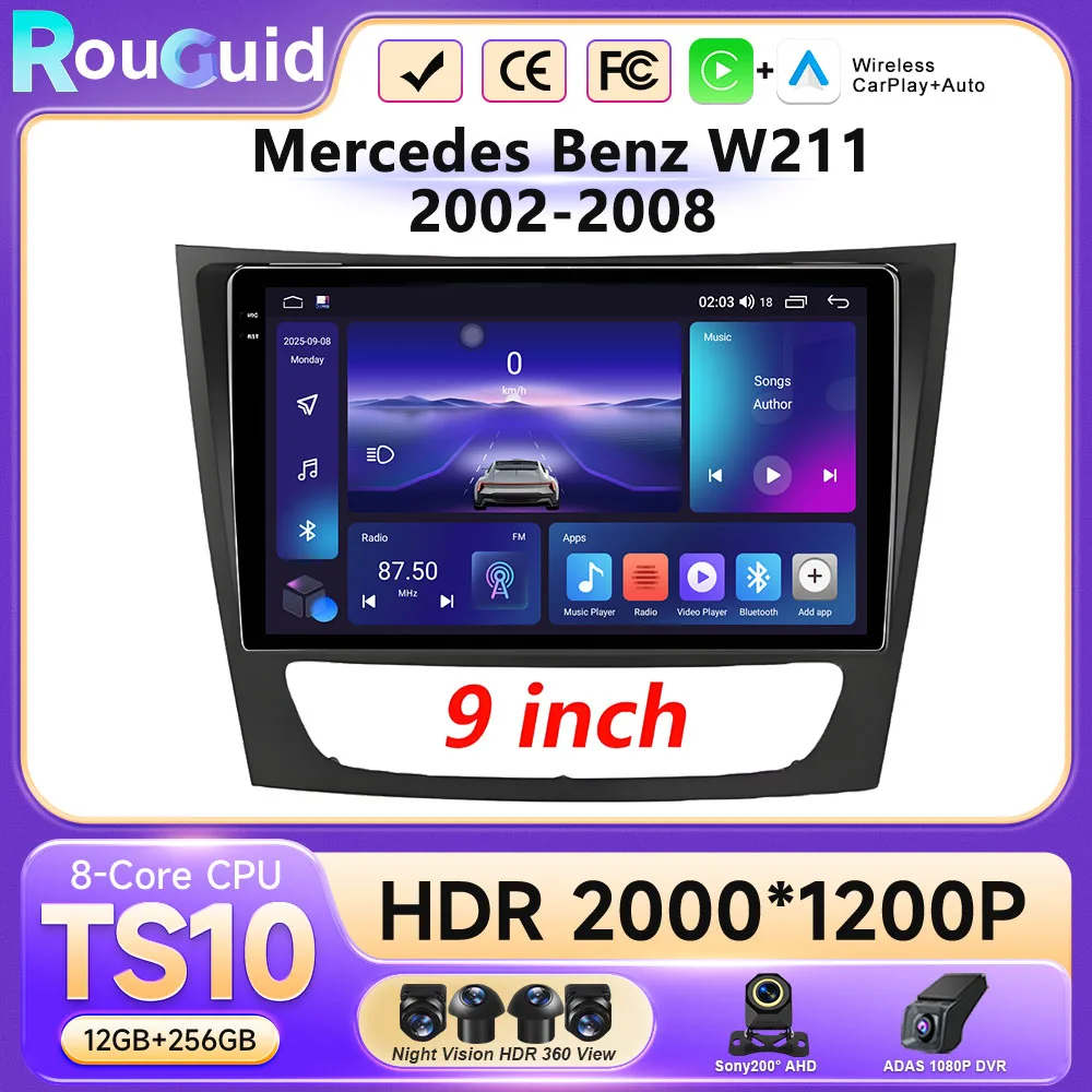 Android 16 For Mercedes Benz W211 2002-2008 Car Radio Stereo Head Unit Multimedia Video Player GPS Navigation Touch QLED Screen