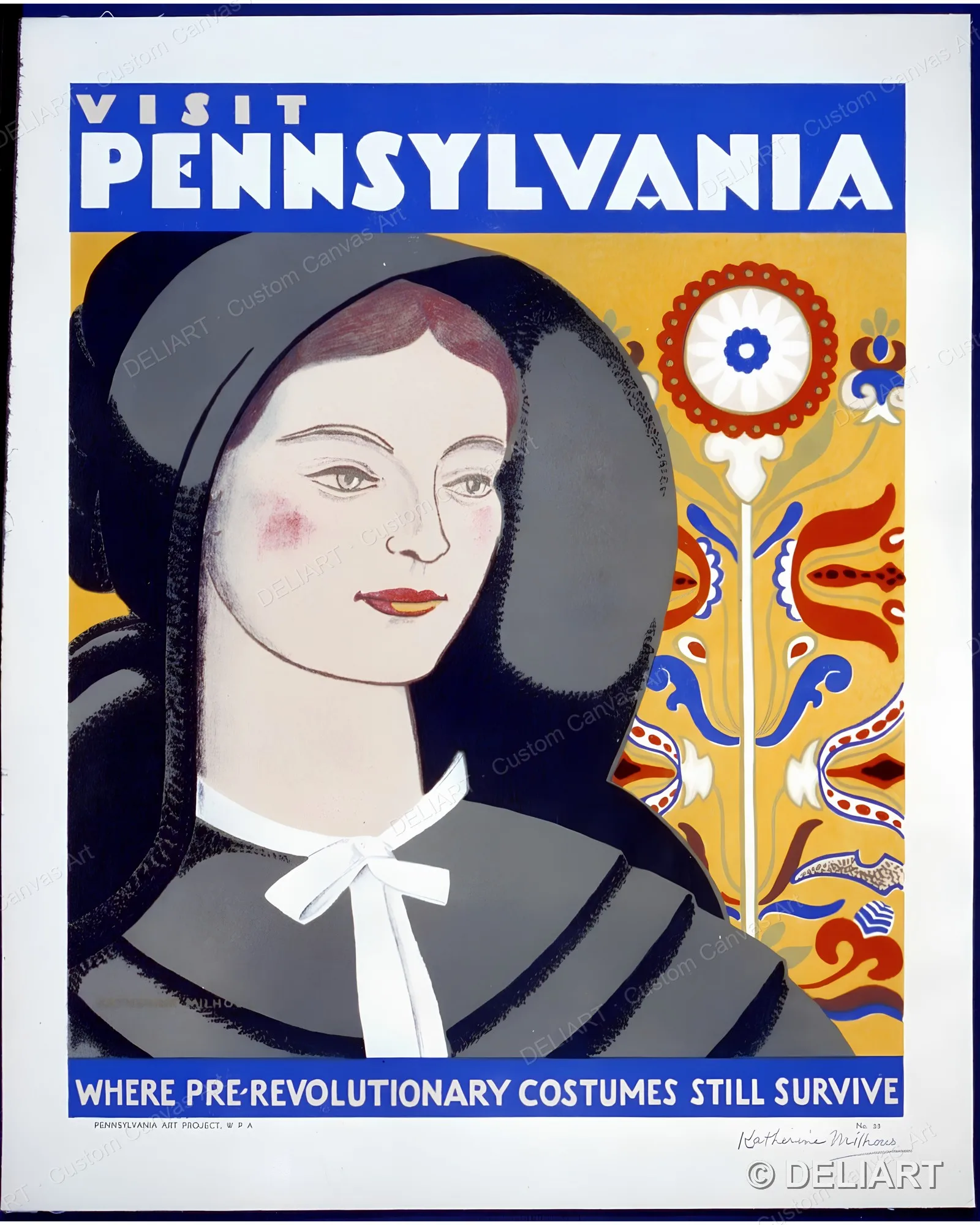 Visit Pennsylvania Where pre-revolutionary costumes still Vintage WPA Canvas Wall Art Poster Print Retro Home Decor Unframed