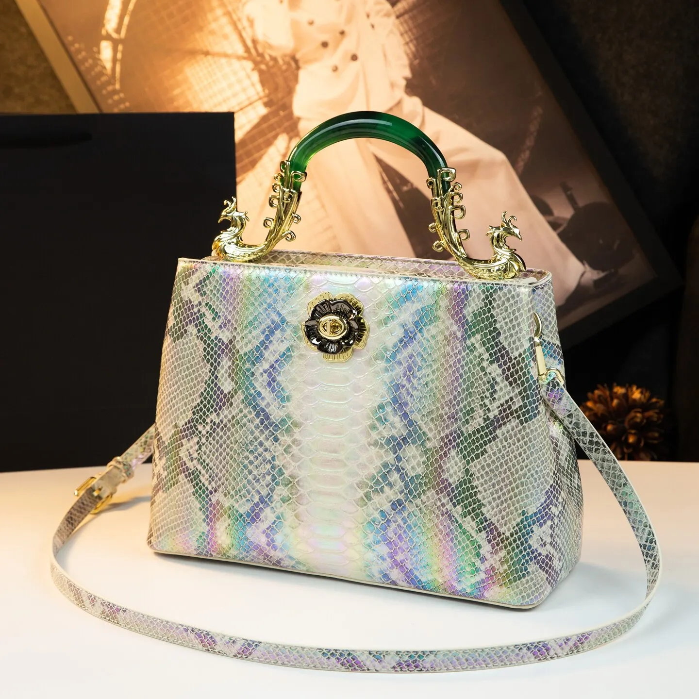 2026 New Luxury Snake Print Women Handbag Vintage Green Resin Jade Handle Elegant Evening Party Shoulder Crossbody Bag