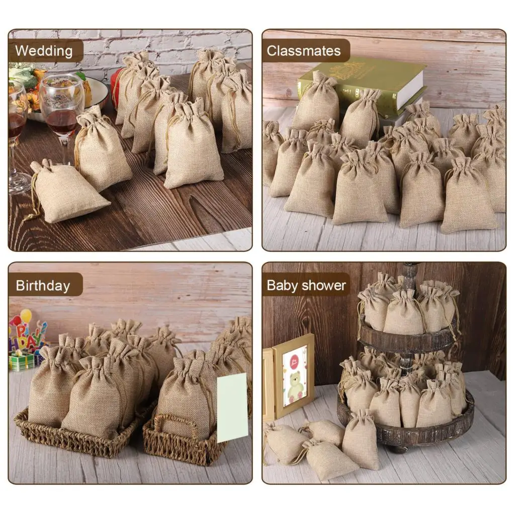 50/100Pcs Fashion Small Burlap Jute Sack Linen Pouch Bag Drawstring Bag Wedding Supplies