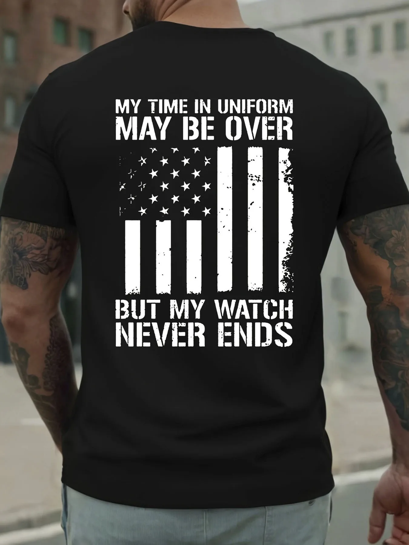 Patriotic Graphic- "My Time in Uniform May Be Over" American Flag pattern- short sleeve O-neck