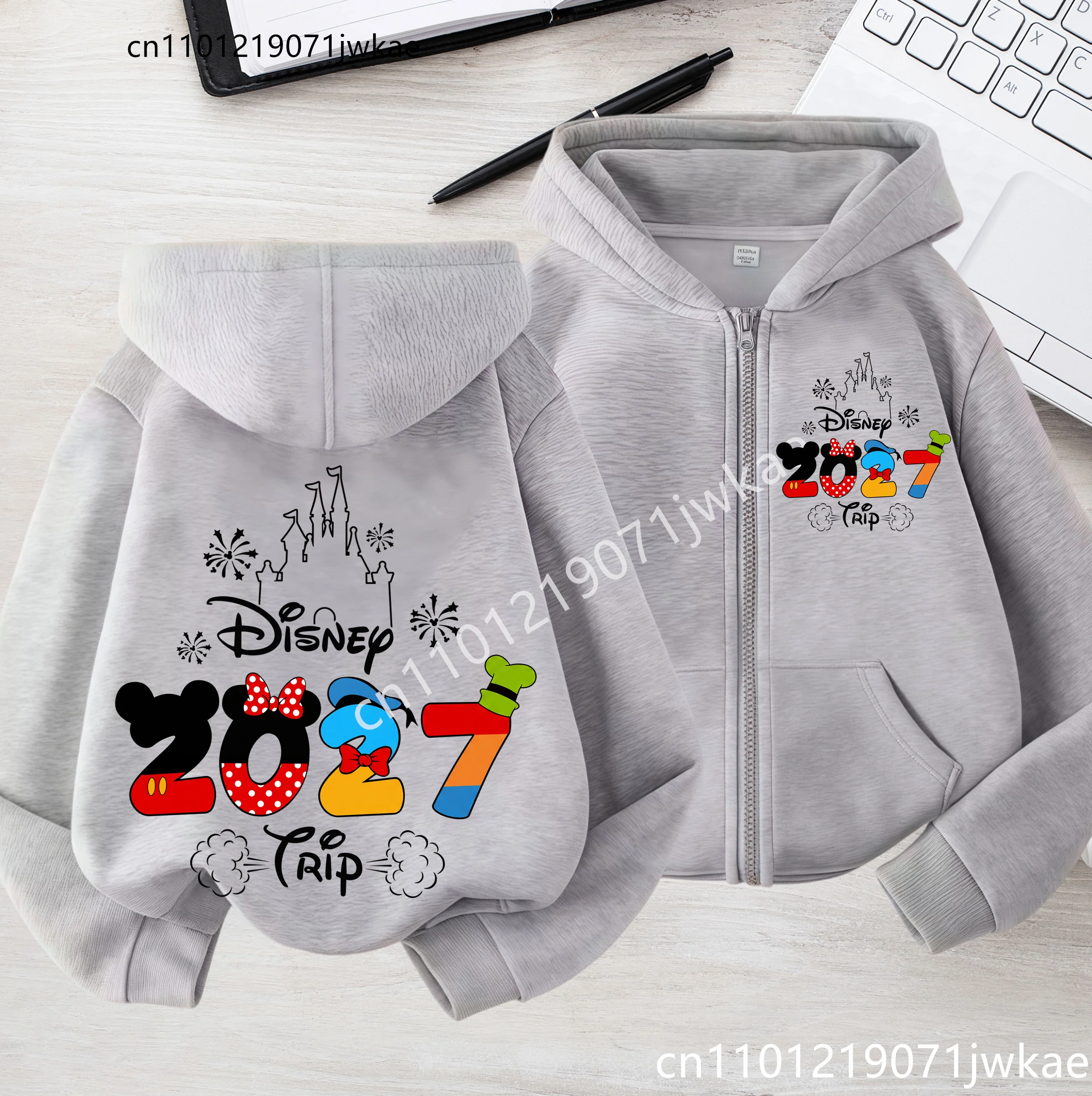 Cute 2027 Trip Holiday Kids Hooded Jacket Cartoon Mouse & Friends Graphic Zip Up Sweatshirt for Boys and Girls Hoodies