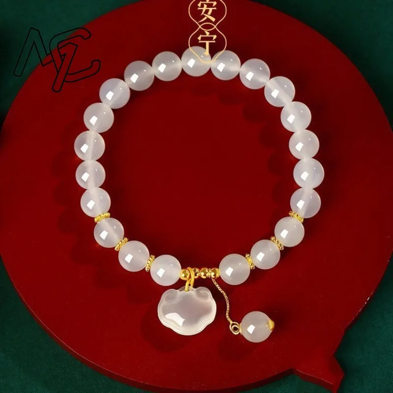 Real Chalcedony Agate Safety Lock Beads Bracelets Amulet Natural Jewelry Bangle Talismans Carved Gemstone Gifts for Women Charm