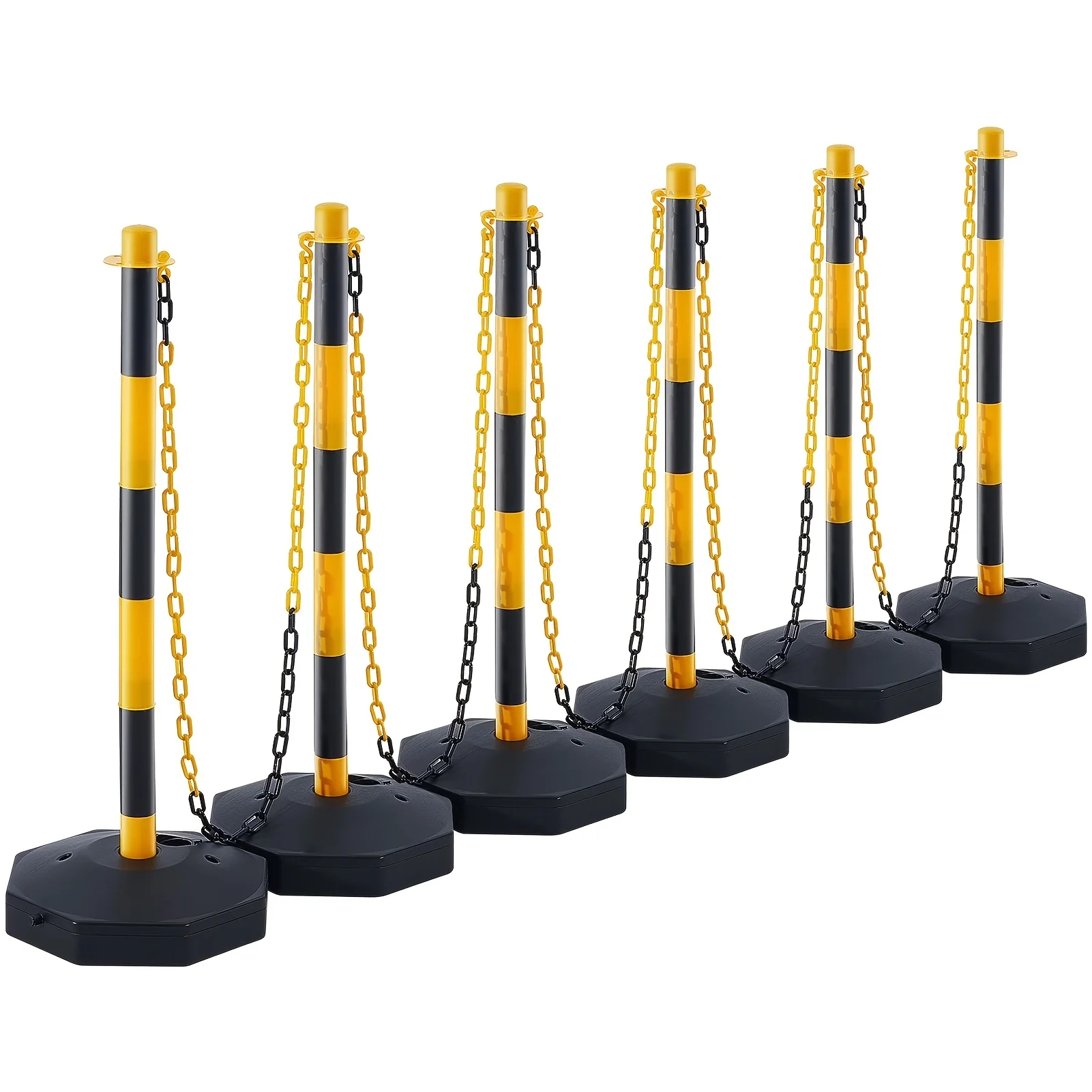 

6 Pieces of Traffic Marking Warning Cones, Yellow and Black Safety Isolation Barriers, with Refillable Bases, 6.6-Foot Chain, for Traffic Control, Warning, Parking Lot Construction, and Road Warning