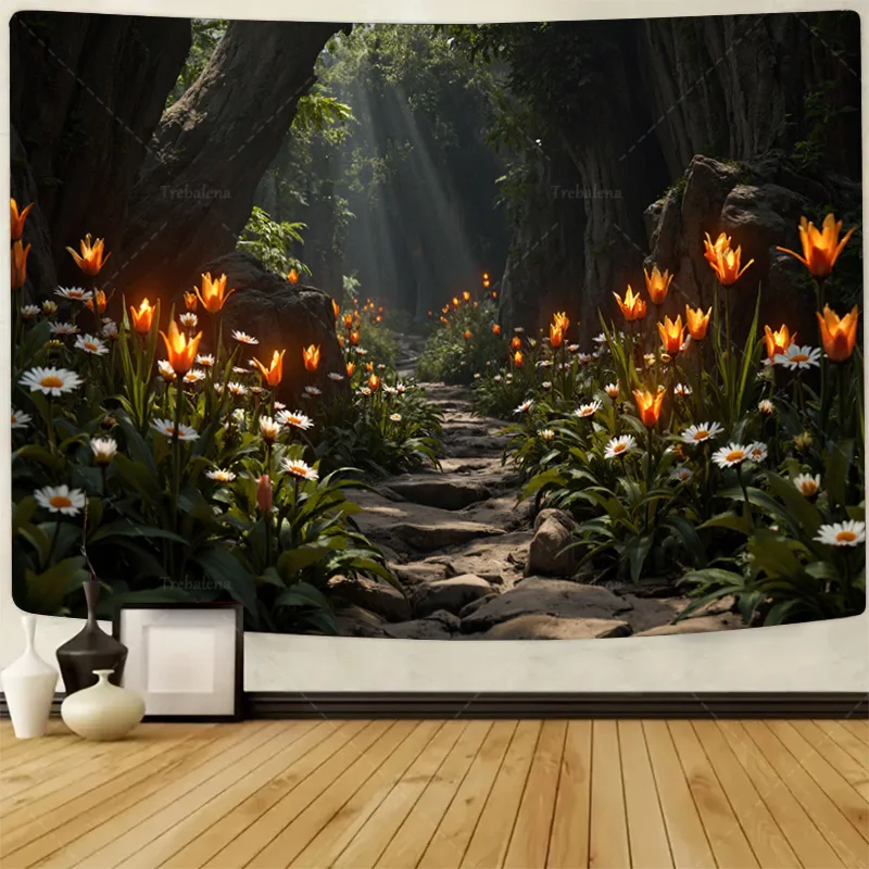

1pc Wall Tapestry Enchanted Forest Pathway with Glowing Flowers Tapestry Wall Hanging